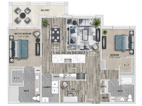 1388 Square ft 1bed 1 bath 3D floor plan at St Mary's Square North Apartments, Raleigh, NC, 27605
